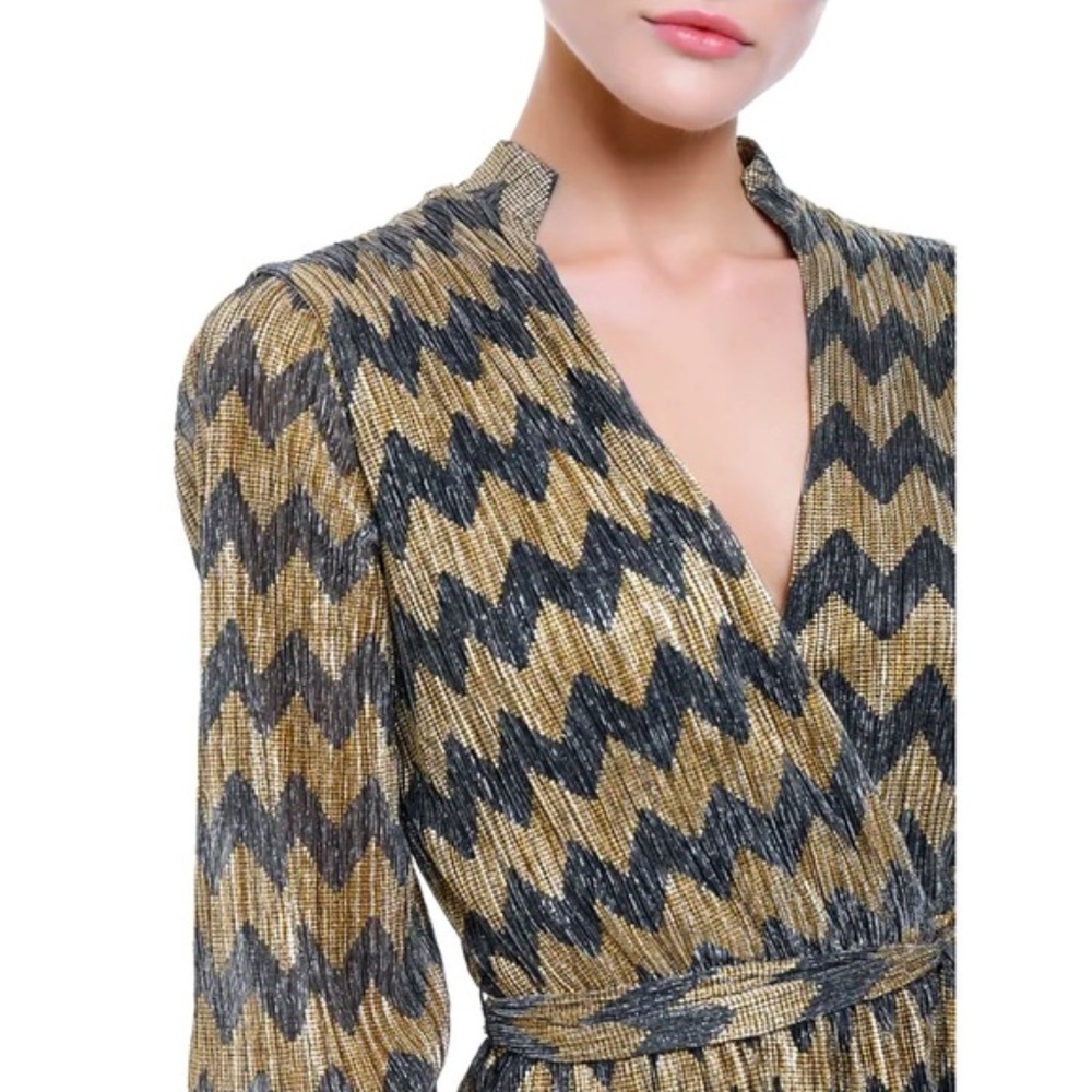 Alice + Olivia Katina Metallic Zig Zag Tie Waist Black Gold Midi Dress NWT